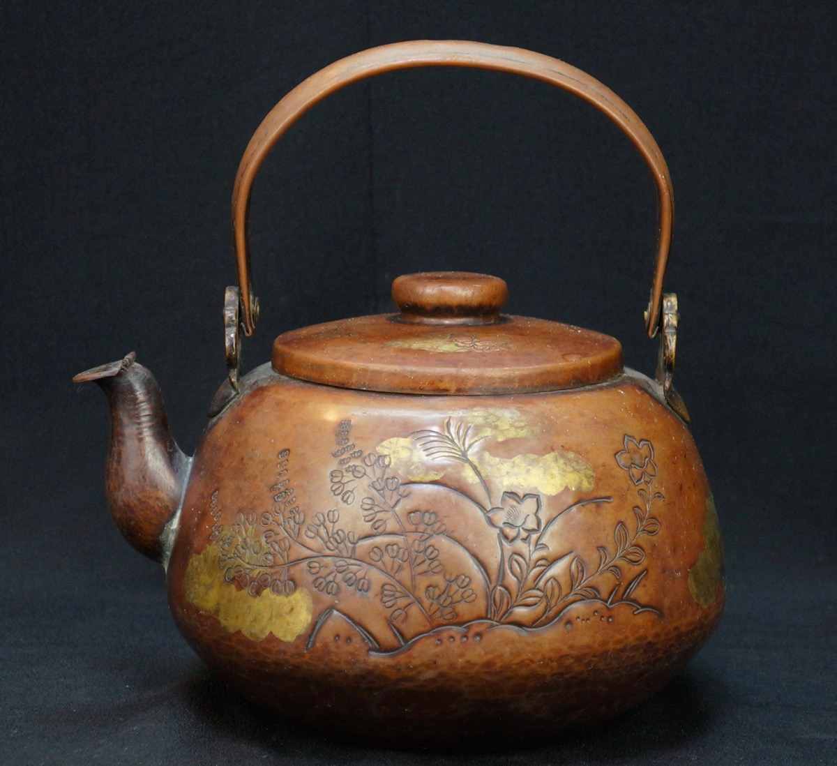 Antique bronze kettle Yakan Japan hammered floral motif 1900 Japanese