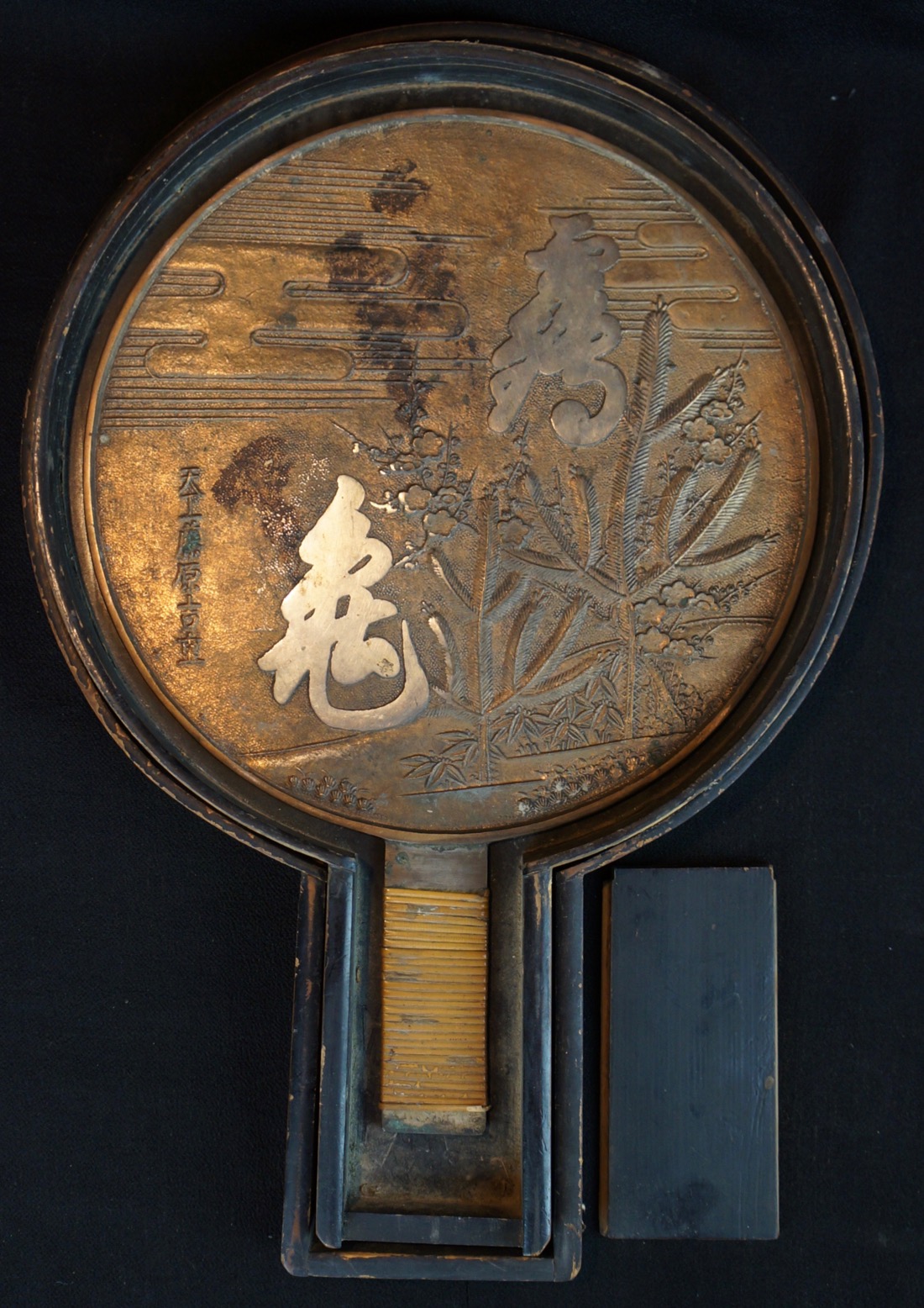 Antique Japanese bronze mirror Kagami 1800s Geisha accessory Japan art